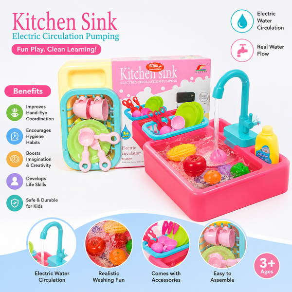Realistic Kitchen Sink Set with Electric Water Circulation & Cute Accessories - Nobita Toys